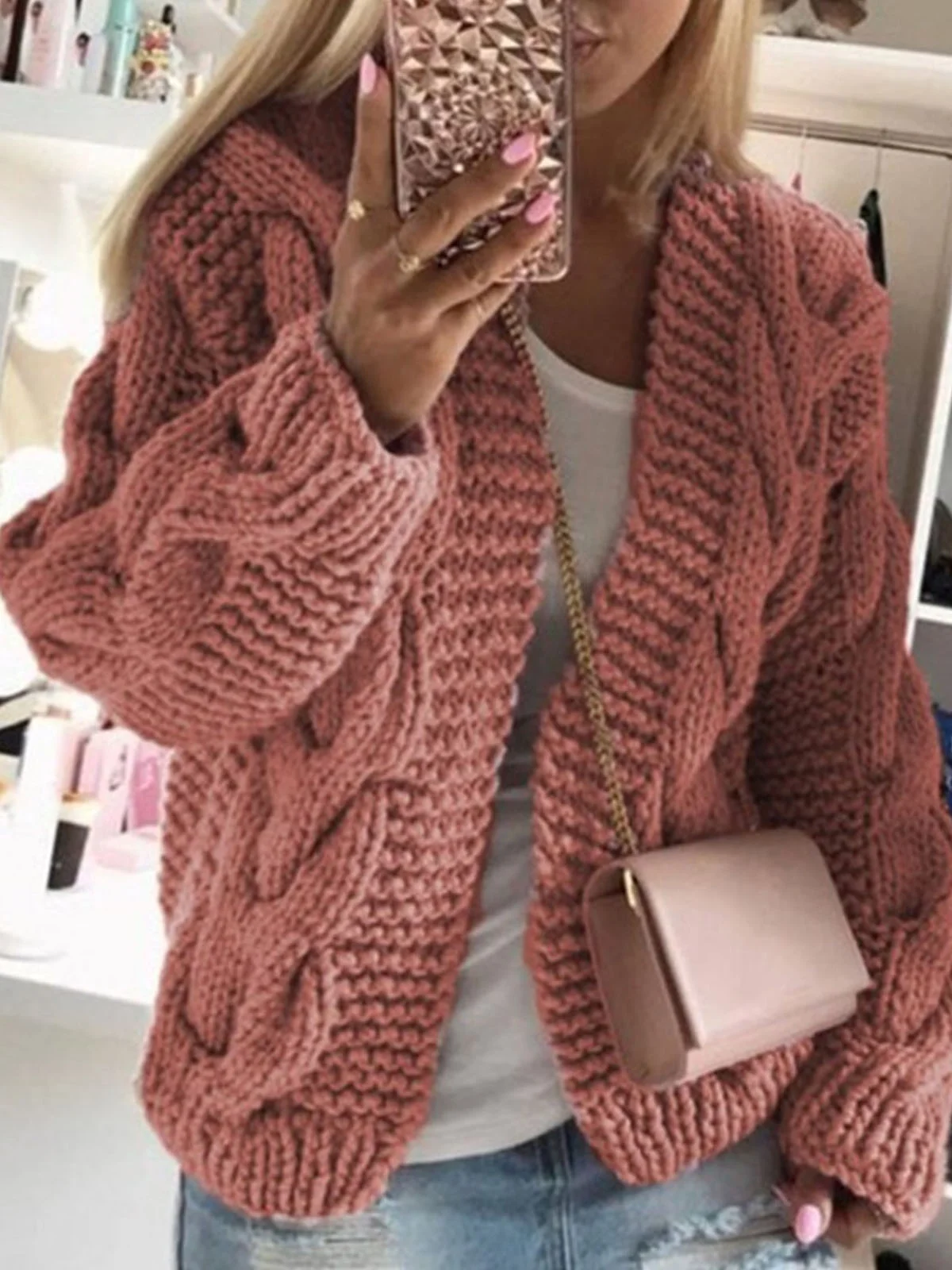 Loose Casual Yarn/Wool Yarn Plain Hoodie Cardigan