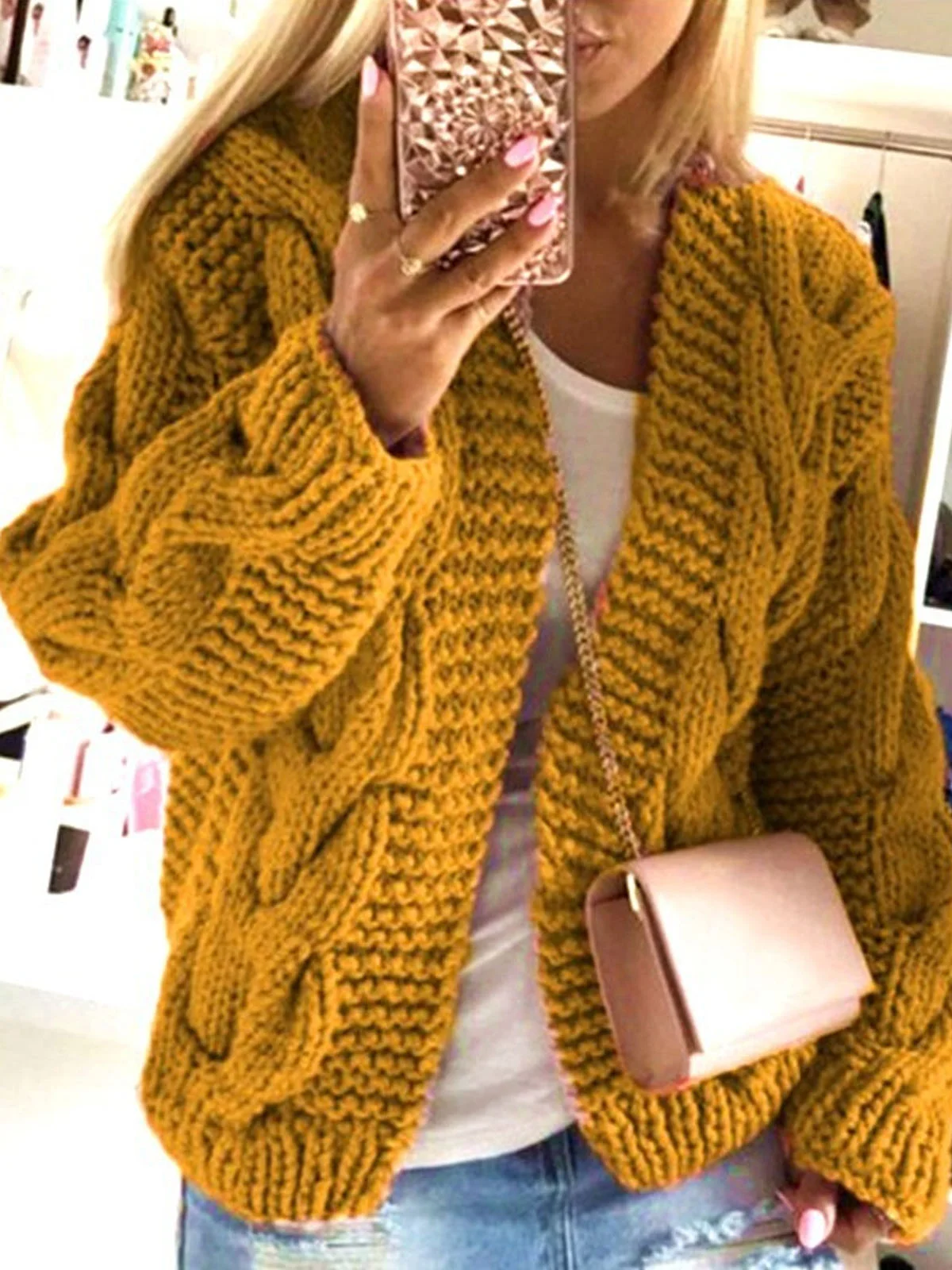 Loose Casual Yarn/Wool Yarn Plain Hoodie Cardigan