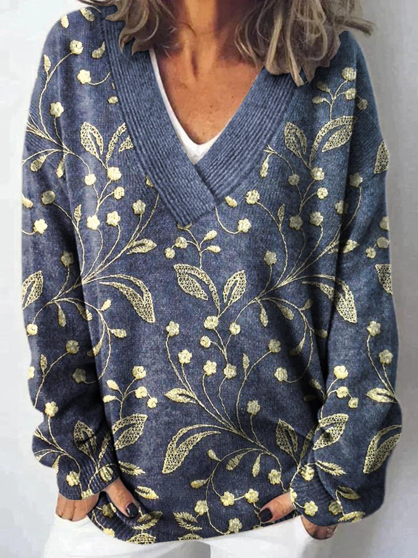 V Neck Casual Floral Sweater