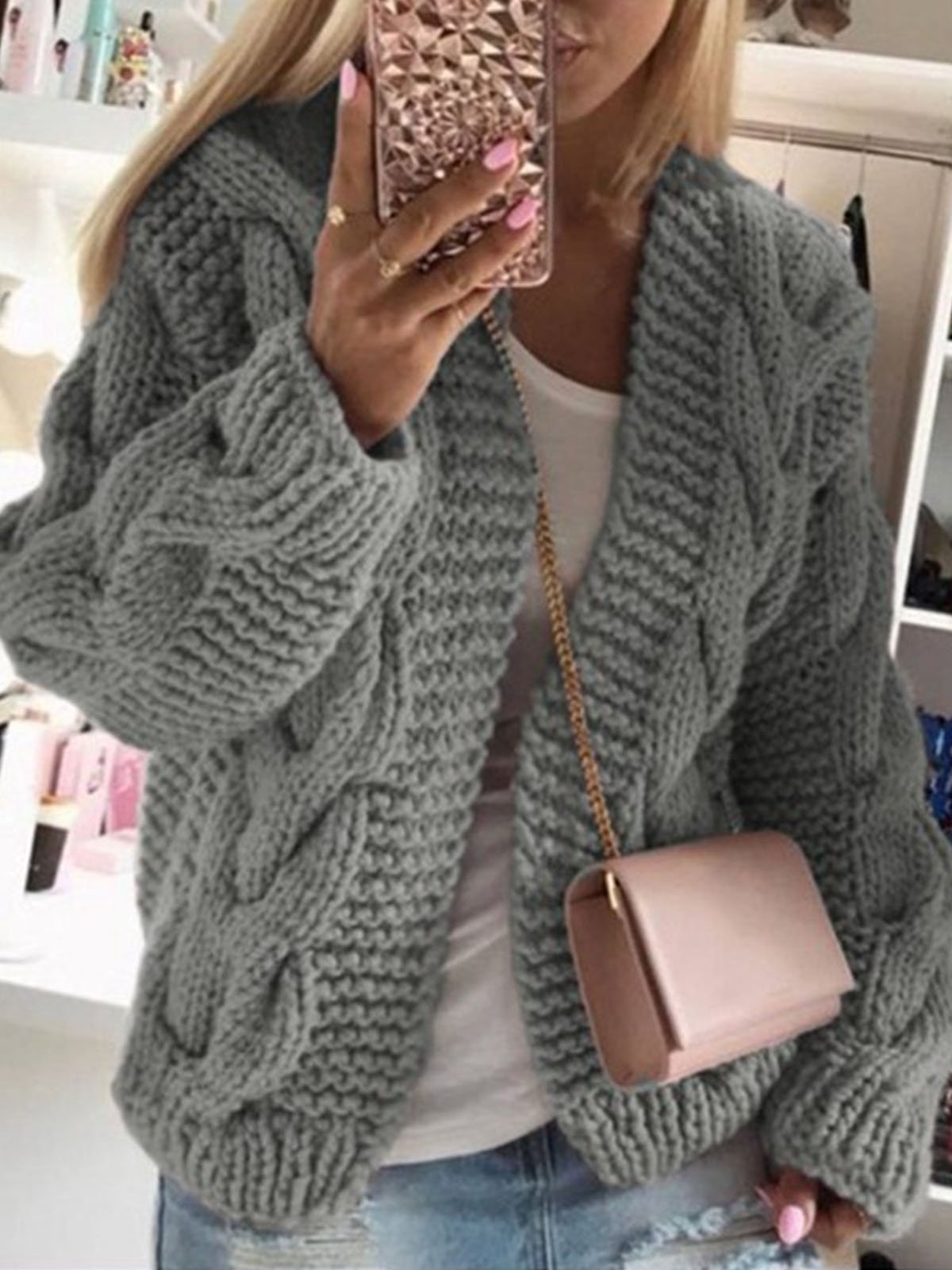 Loose Casual Yarn/Wool Yarn Plain Hoodie Cardigan