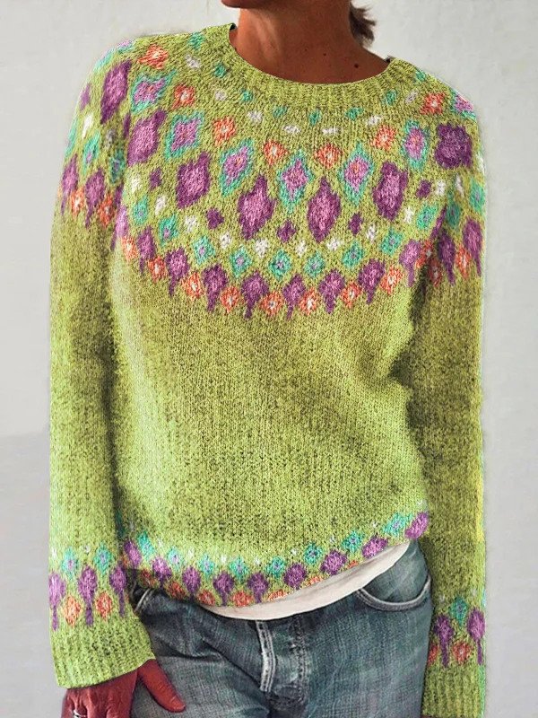 Casual Crew Neck Loose Ethnic Geometry Sweater