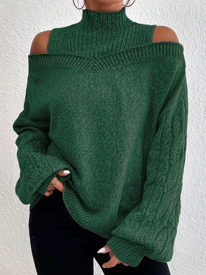 Turtleneck Balloon Sleeve Plain Wool/Knitting Casual Sweater