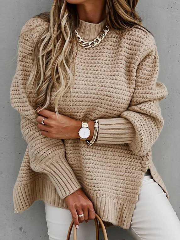 Casual Plain Loose Yarn/Wool Yarn Sweater