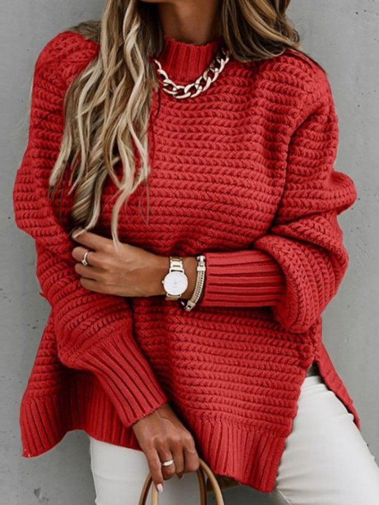 Casual Plain Loose Yarn/Wool Yarn Sweater