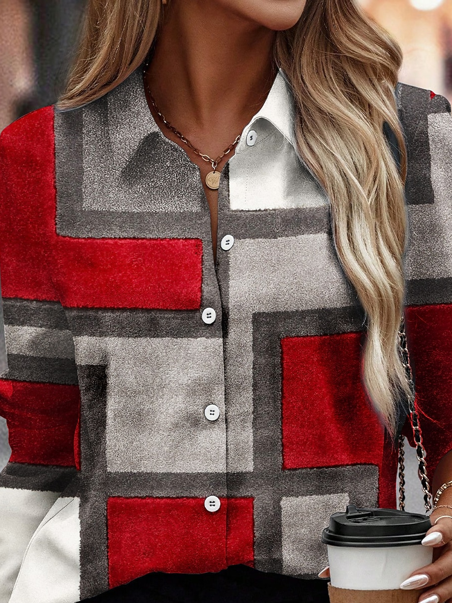 Women's Long Sleeve Shirt Spring/Fall Red Geometric Shirt Collar Daily Going Out Casual Top