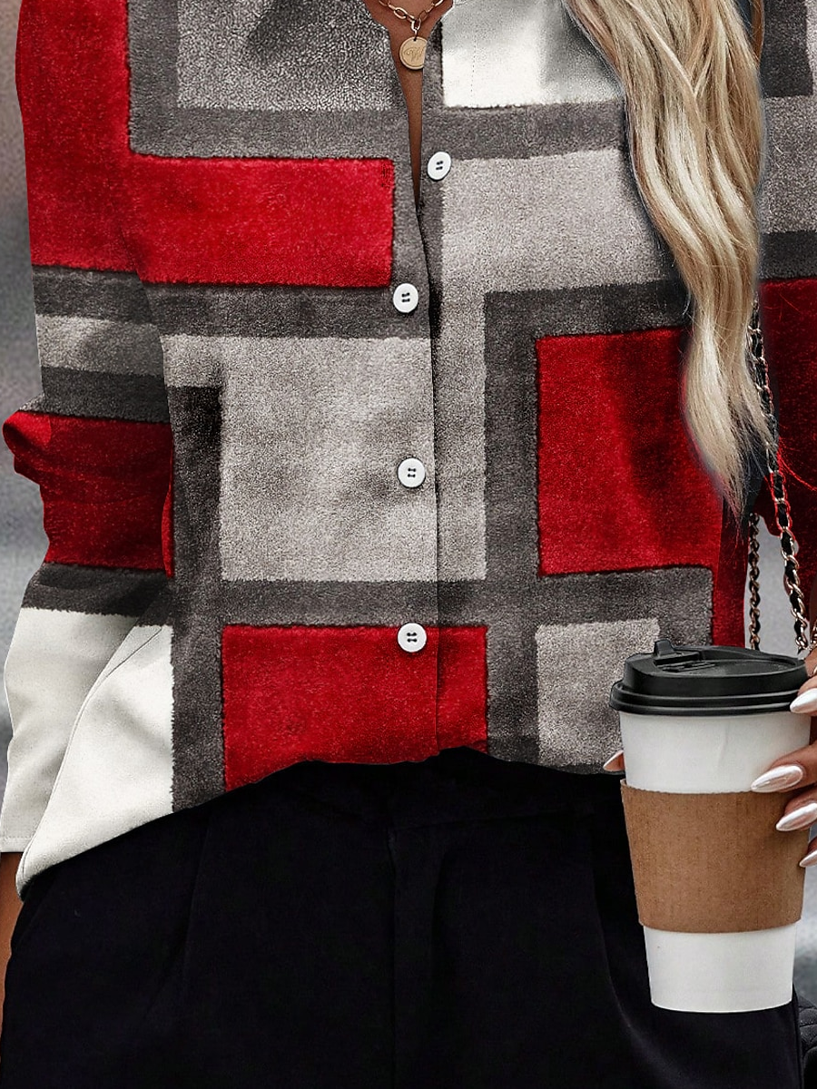 Women's Long Sleeve Shirt Spring/Fall Red Geometric Shirt Collar Daily Going Out Casual Top