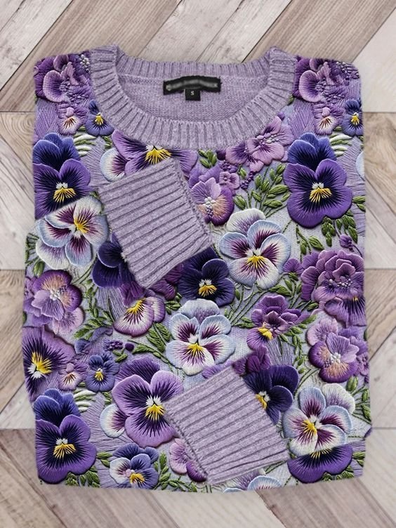 Violet flower art pullover knitted sweater