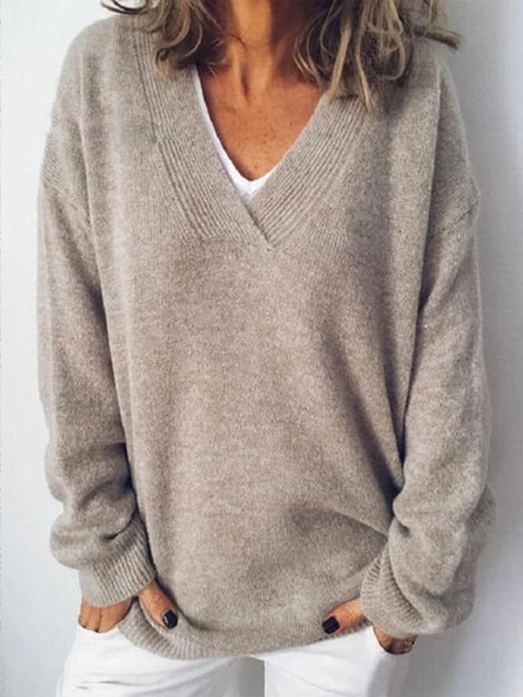 V Neck Yarn/Wool Yarn Loose Casual Sweater