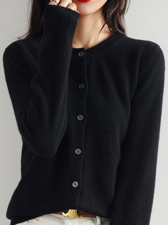 Plain Casual Crew Neck Cardigan