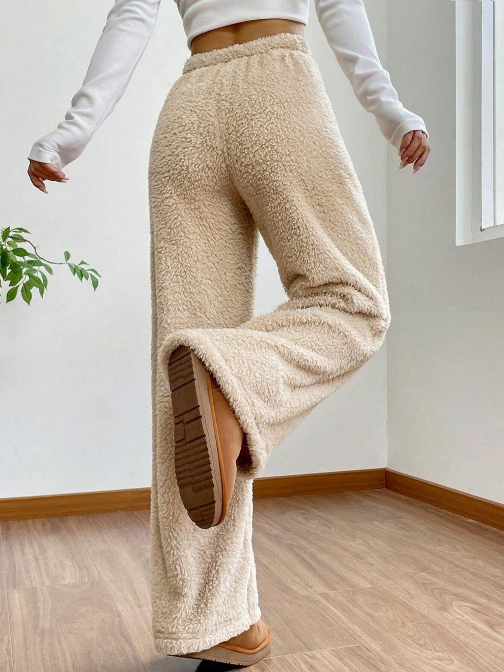 Fluff/Granular Fleece Fabric Casual Plain Pants