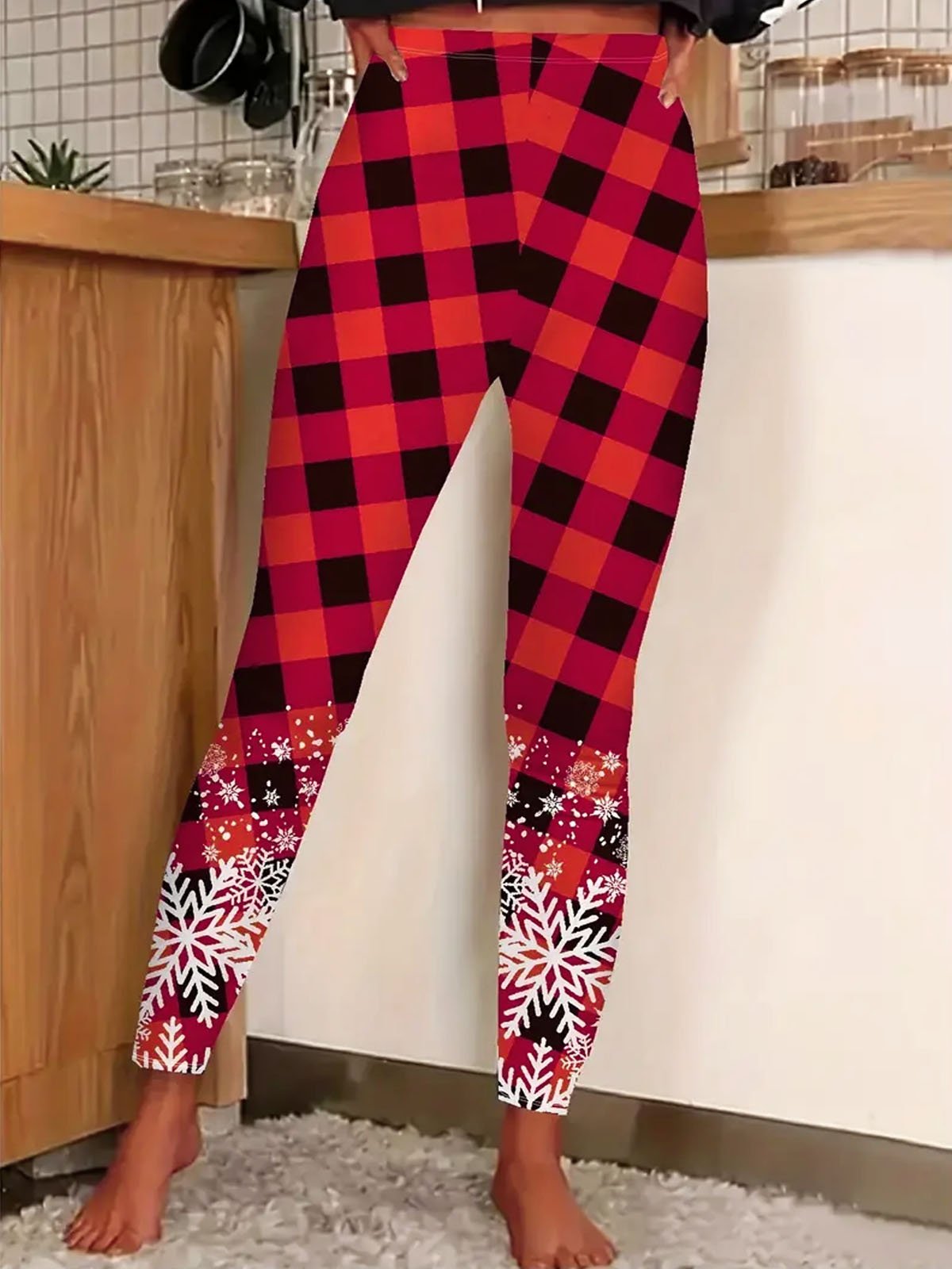 Christmas red checkered snowflake tight leggings