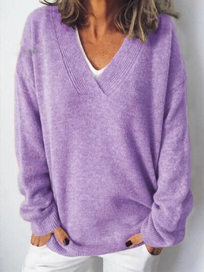 V Neck Yarn/Wool Yarn Loose Casual Sweater