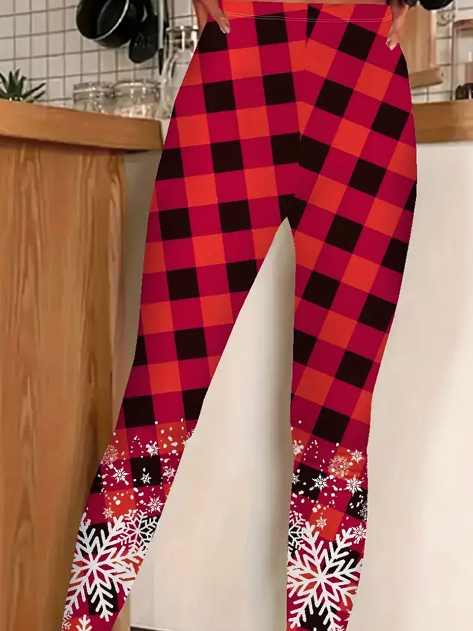 Christmas red checkered snowflake tight leggings