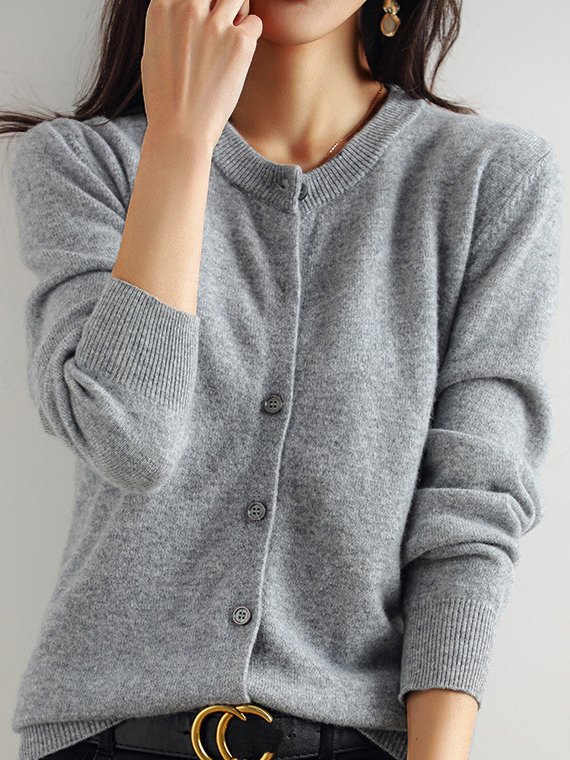 Plain Casual Crew Neck Cardigan