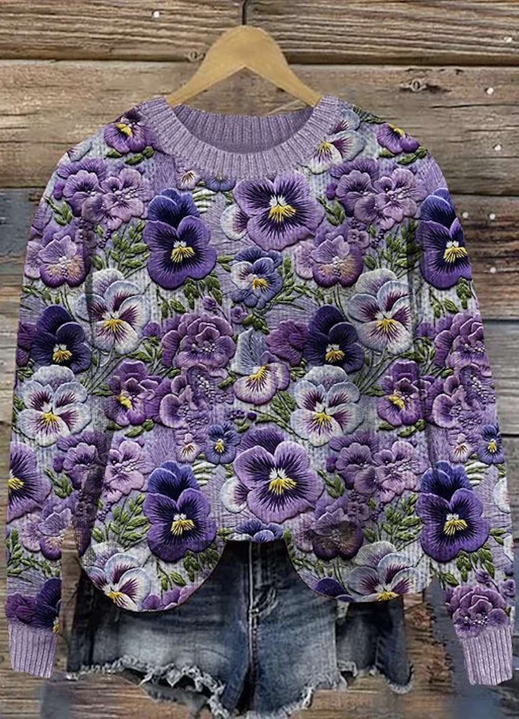 Violet flower art pullover knitted sweater