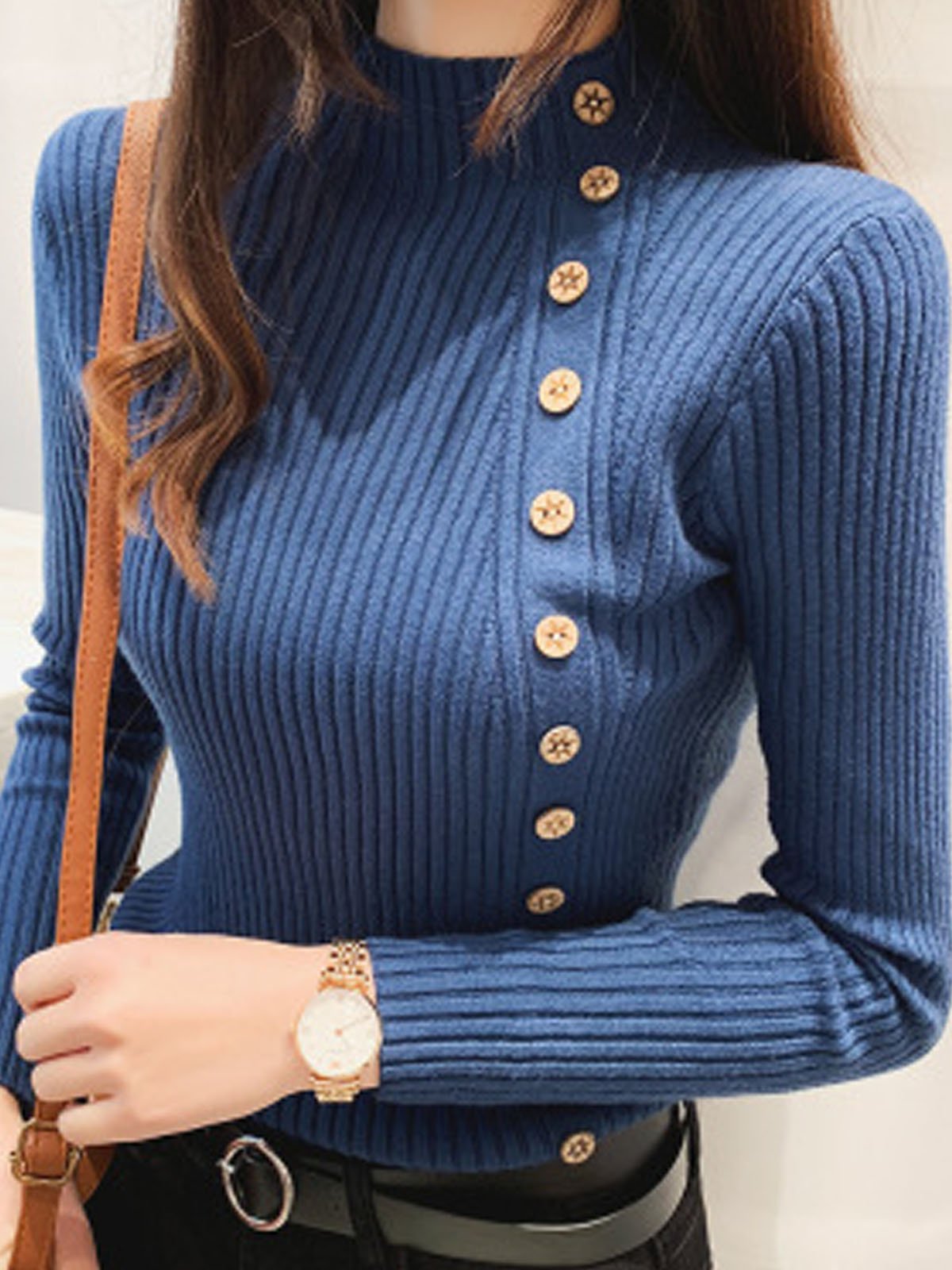 Mock Neck Buckle Casual Plain Sweater