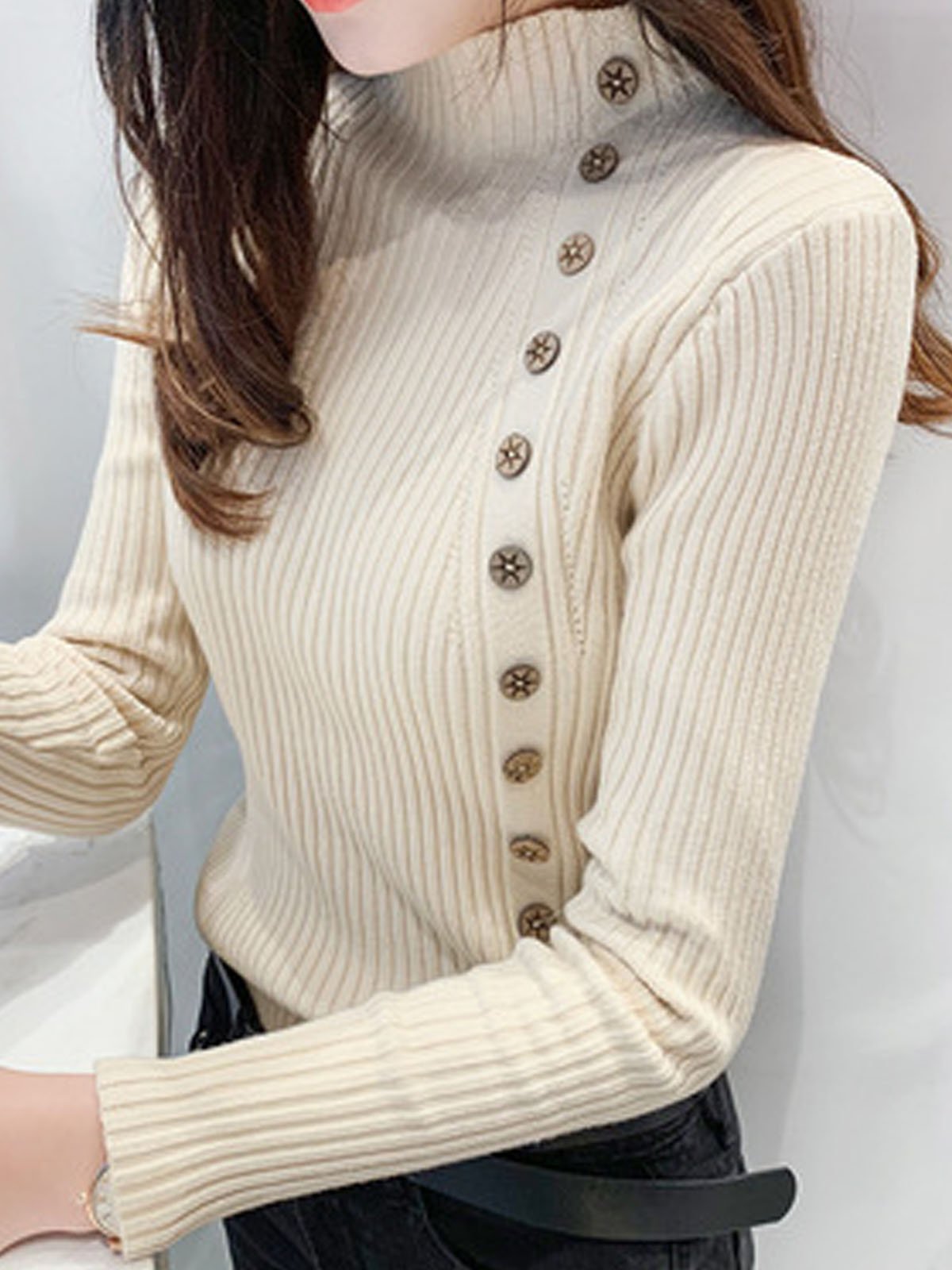 Mock Neck Buckle Casual Plain Sweater