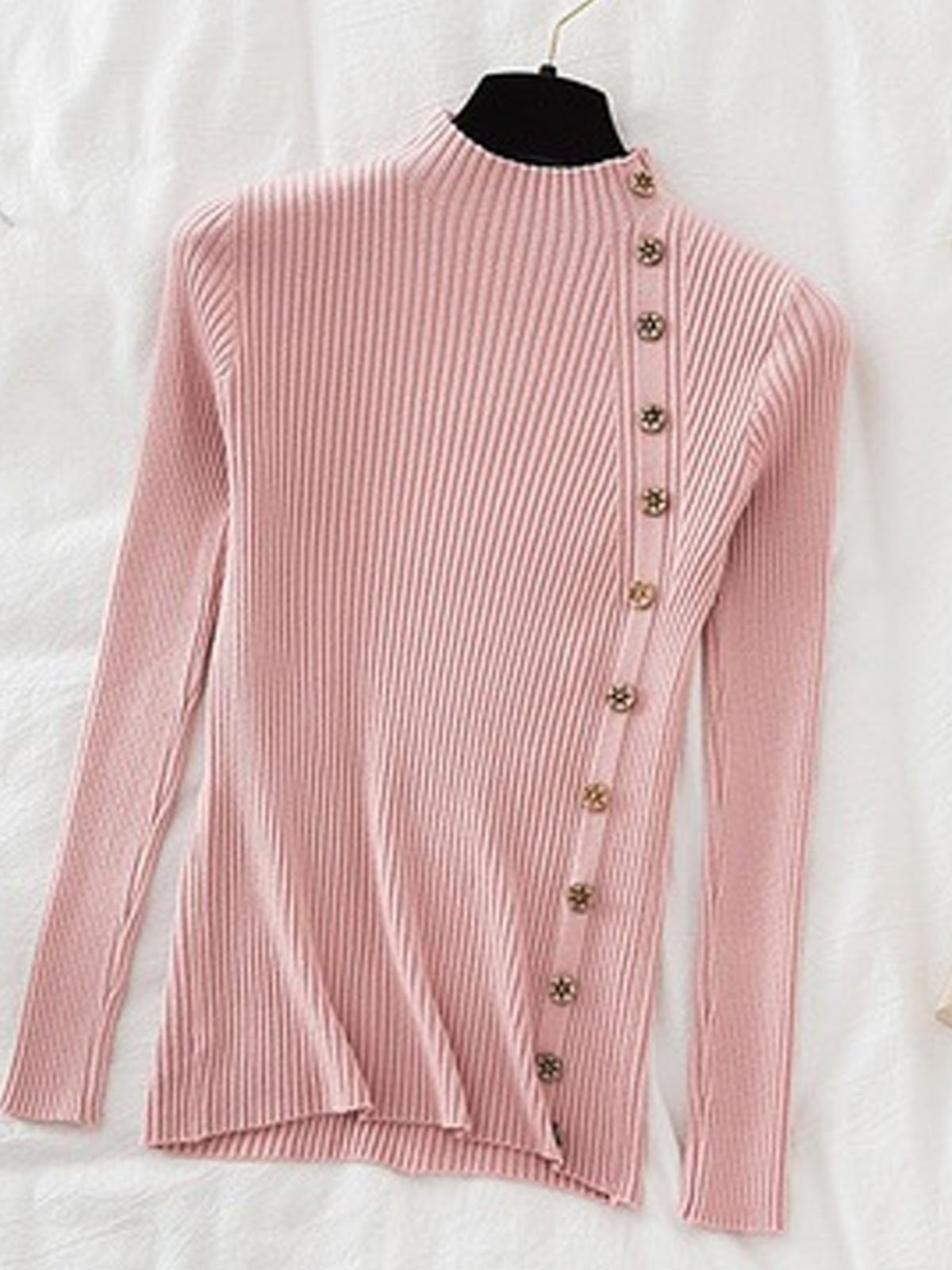 Mock Neck Buckle Casual Plain Sweater