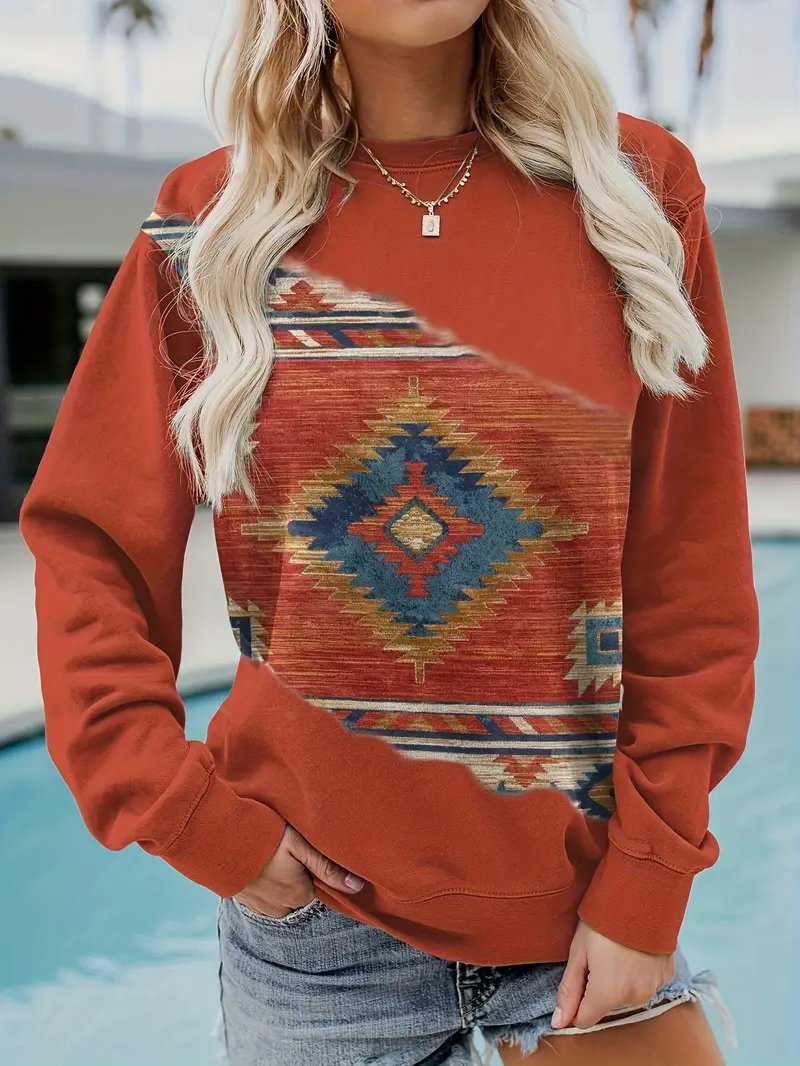 Loose Vintage Crew Neck Ethnic Geometry Sweatshirt