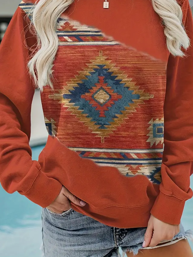 Loose Vintage Crew Neck Ethnic Geometry Sweatshirt