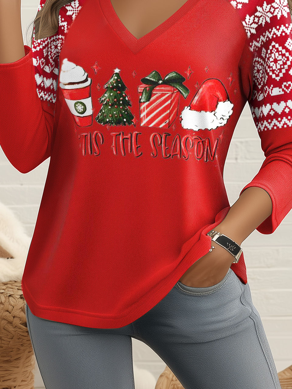 Women's Long Sleeve T-shirt Spring/Fall Red Christmas Jersey V Neck Holiday Going Out Casual Top