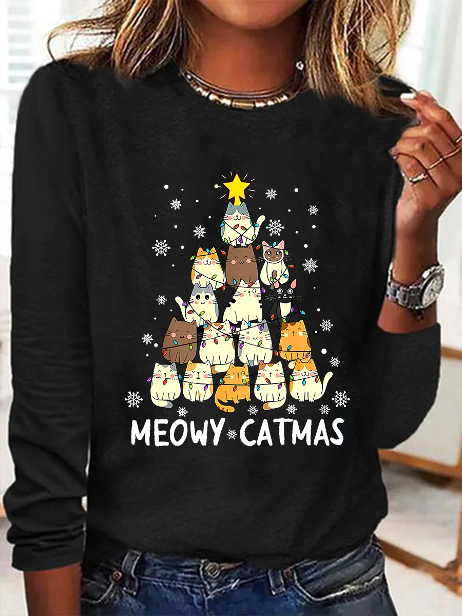 Women Animal Crew Neck Cotton-Blend Long Sleeve Casual Daily Spring/Fall T-shirt