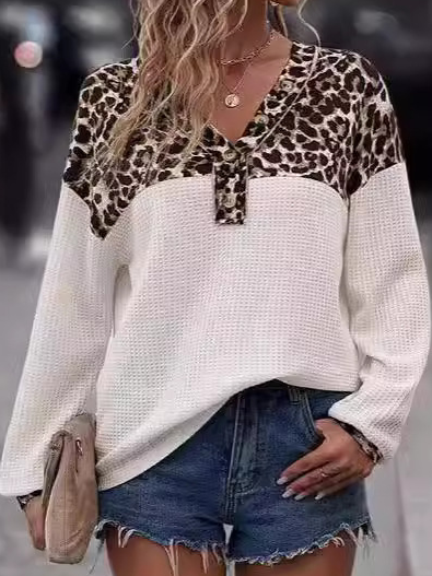 Leopard Print V Neck Casual Loose Shirt