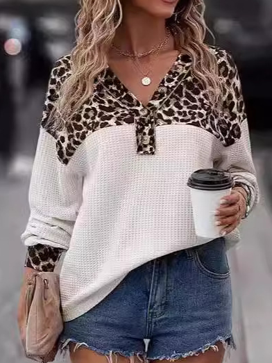 Leopard Print V Neck Casual Loose Shirt