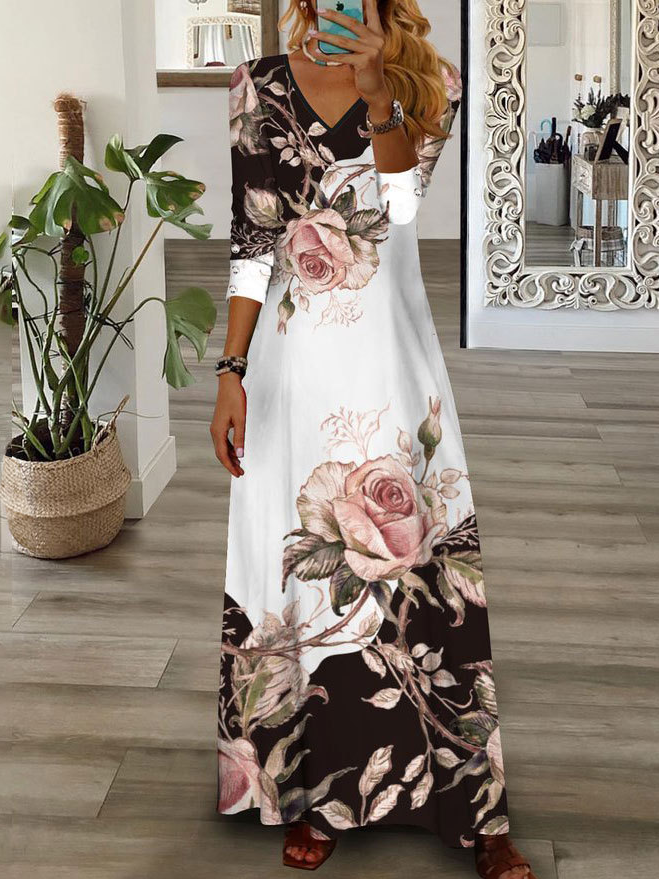 Floral Loose Casual V Neck Dress With No