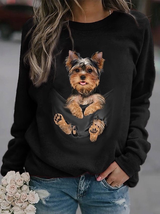 Pocket Dog Design Crew Neck Sweatshirt