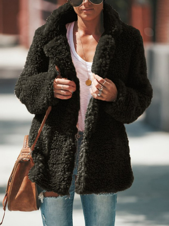 Fluff Plain Casual Loose Teddy Jacket