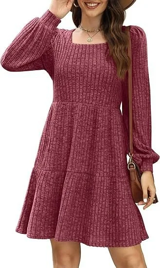 Women's Long Sleeve Spring/Fall Black Plain Crew Neck Daily Going Out Casual Mini A-Line Dress