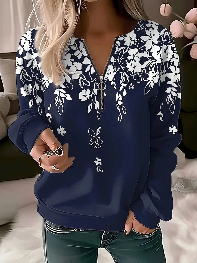 Zipper Floral Casual Sweatshirt