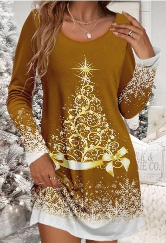 Crew Neck Regular Fit Casual Christmas Dress With No