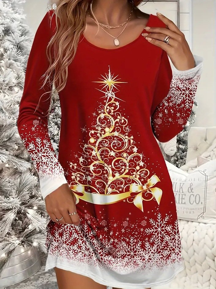 Crew Neck Regular Fit Casual Christmas Dress With No