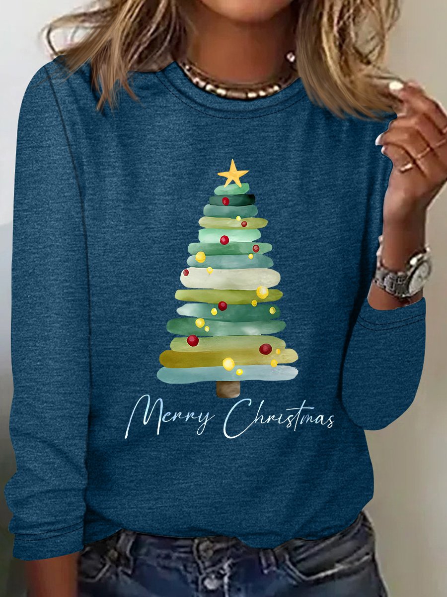 Merry Christmas Tree Print Casual Long Sleeve Shirt