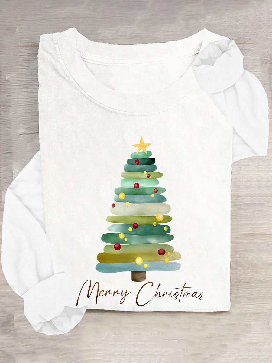 Merry Christmas Tree Print Casual Long Sleeve Shirt