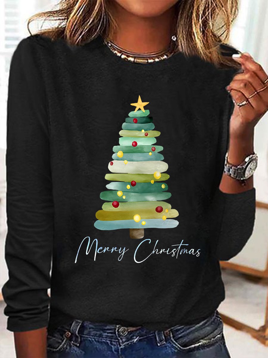 Merry Christmas Tree Print Casual Long Sleeve Shirt