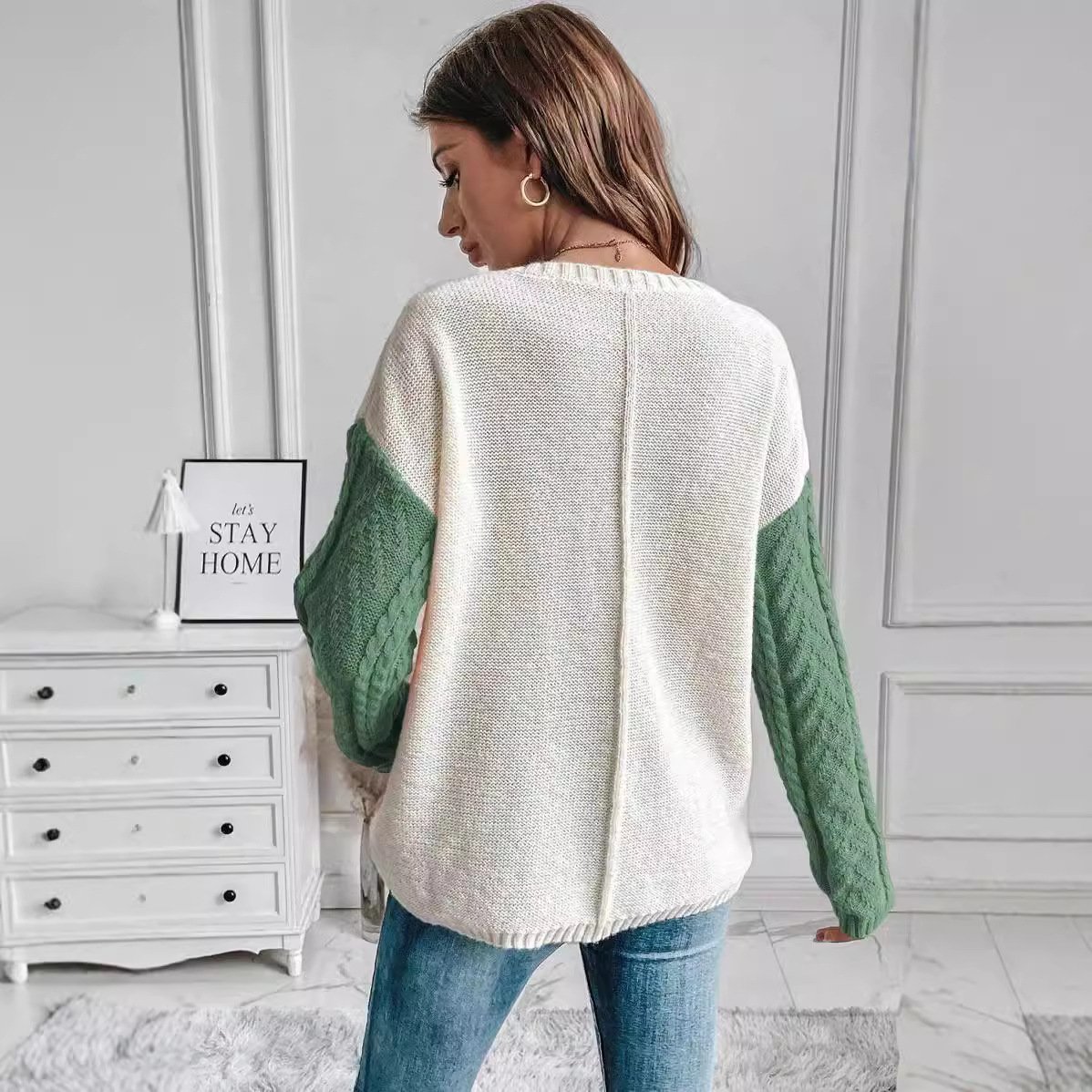 Crew Neck Casual Color Block Sweater