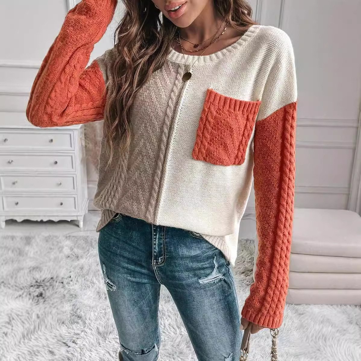 Crew Neck Casual Color Block Sweater