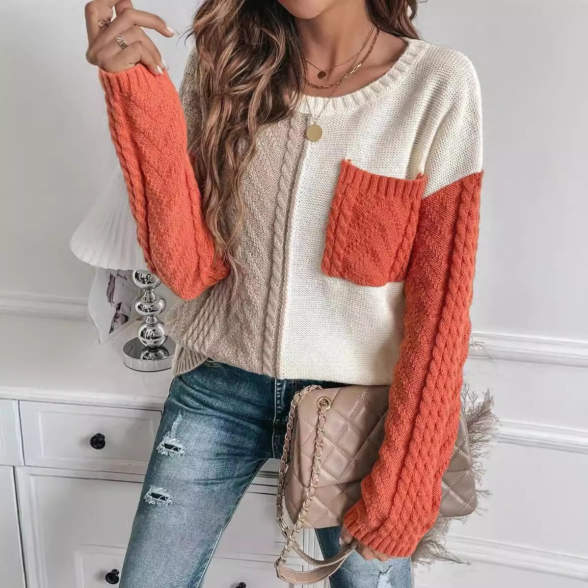 Crew Neck Casual Color Block Sweater