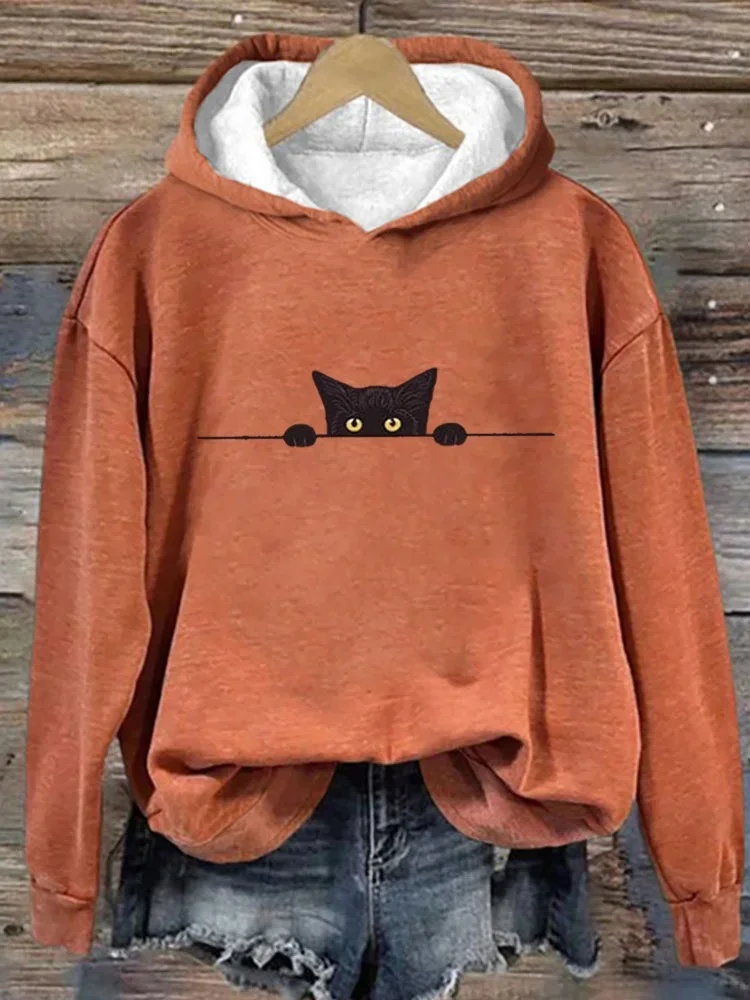 Women's Casual Funny Black Cat Print Hoodie