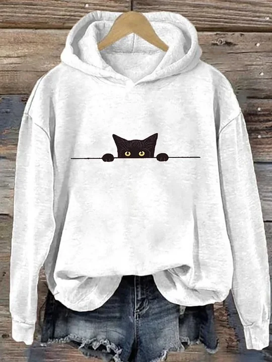 Women's Casual Funny Black Cat Print Hoodie