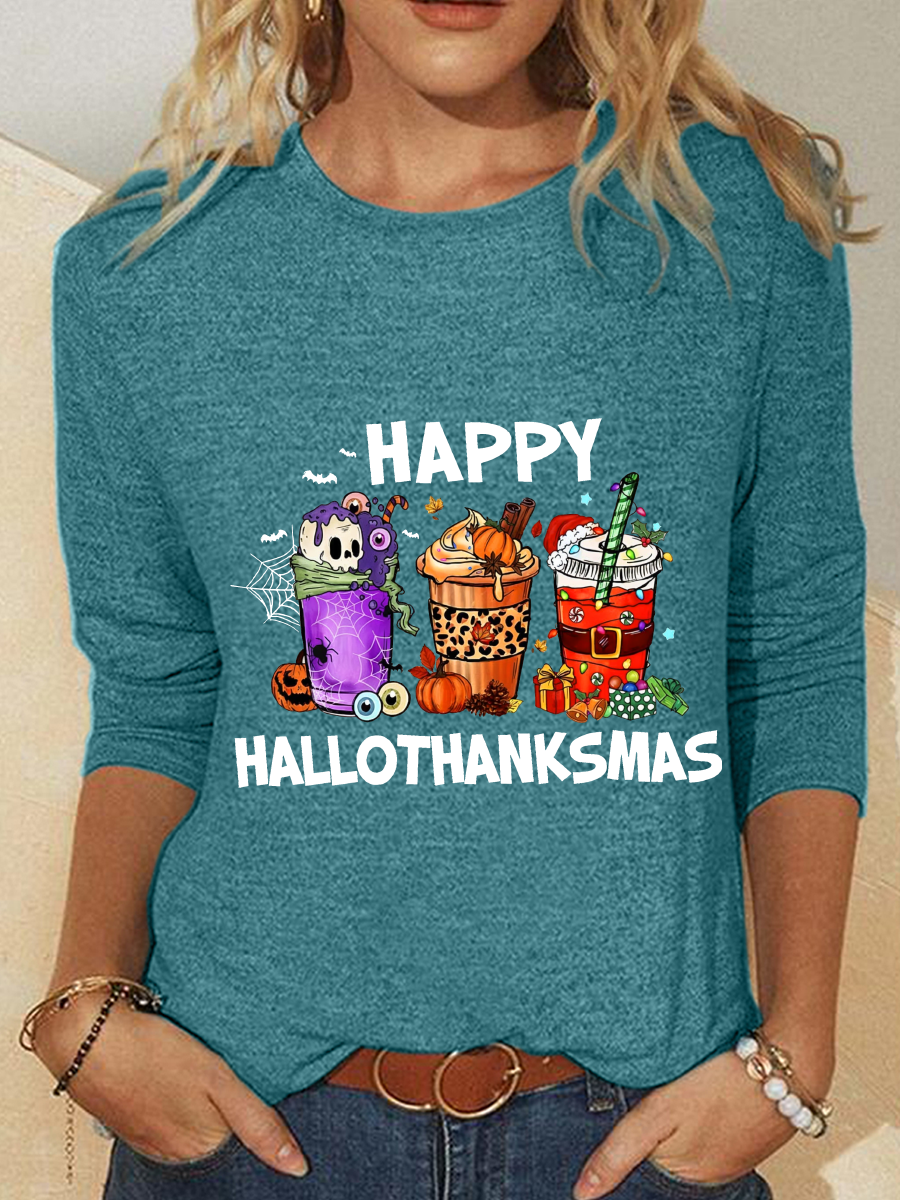 Women Christmas Crew Neck Cotton-Blend Long Sleeve Casual Daily Spring/Fall T-shirt