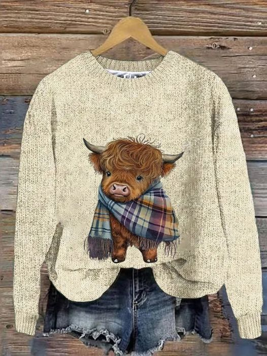 Women's West Highland Cow Print Loose Casual Knitted Sweater