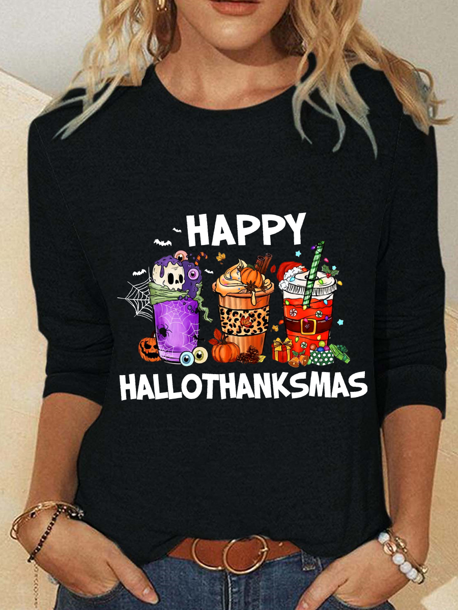 Women Christmas Crew Neck Cotton-Blend Long Sleeve Casual Daily Spring/Fall T-shirt