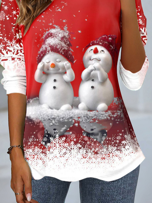 Women's Long Sleeve T-shirt Spring/Fall Red Christmas Snowman Jersey Crew Neck Daily Going Out Casual Top