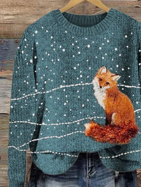 Women's Cute Fox Print Crewneck Knit Sweater