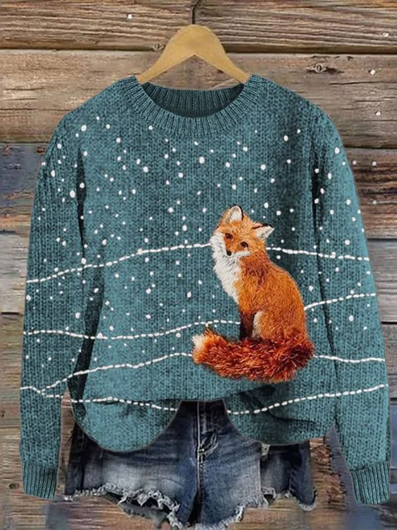 Women's Cute Fox Print Crewneck Knit Sweater