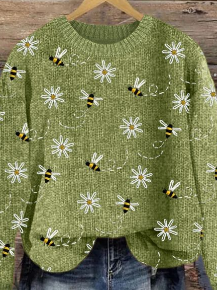 Women's Bee Floral Print Crewneck Knit Sweater